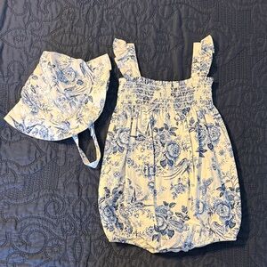 Ralph Lauren Blue and White Floral Baby Romper with Matching Sun Hat
